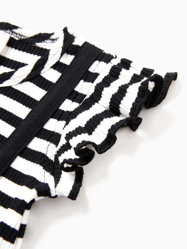 Matching Family Outfits ¨C Black & White Striped Casual Short Sleeve T-Shirt for Men & Boy, Crop Top & Midi Skirt Co-ord Set for women & Girl, Flared Dresses for Baby Girl ¨C Stylish Summer Family Coordinated Cotton Set Black+White