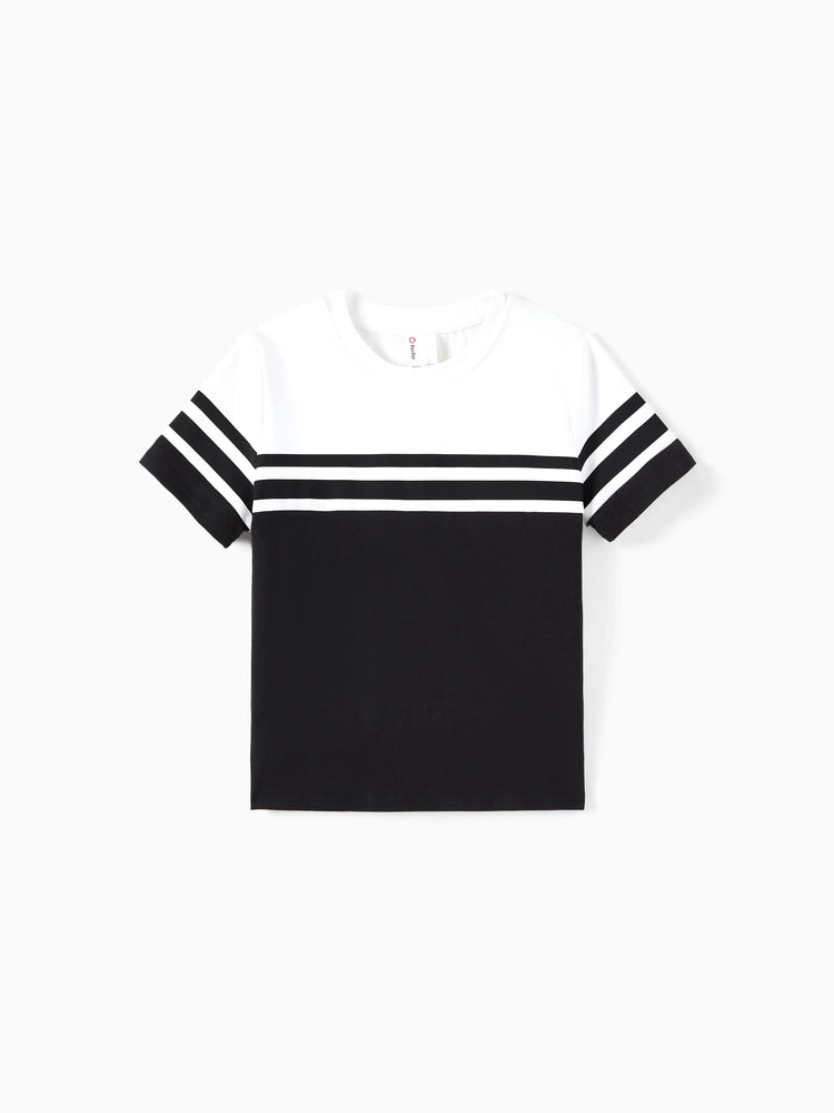 Matching Family Outfits ¨C Black & White Striped Casual Short Sleeve T-Shirt for Men & Boy, Crop Top & Midi Skirt Co-ord Set for women & Girl, Flared Dresses for Baby Girl ¨C Stylish Summer Family Coordinated Cotton Set Black+White