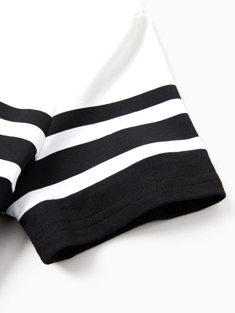 Matching Family Outfits ¨C Black & White Striped Casual Short Sleeve T-Shirt for Men & Boy, Crop Top & Midi Skirt Co-ord Set for women & Girl, Flared Dresses for Baby Girl ¨C Stylish Summer Family Coordinated Cotton Set Black+White