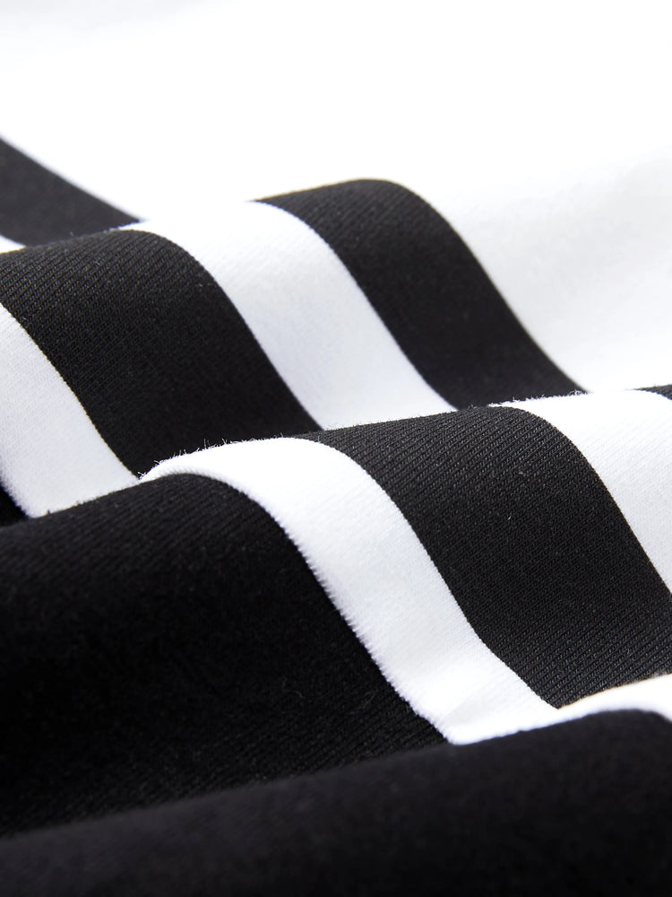 Matching Family Outfits ¨C Black & White Striped Casual Short Sleeve T-Shirt for Men & Boy, Crop Top & Midi Skirt Co-ord Set for women & Girl, Flared Dresses for Baby Girl ¨C Stylish Summer Family Coordinated Cotton Set Black+White