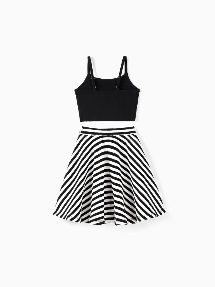 Matching Family Outfits ¨C Black & White Striped Casual Short Sleeve T-Shirt for Men & Boy, Crop Top & Midi Skirt Co-ord Set for women & Girl, Flared Dresses for Baby Girl ¨C Stylish Summer Family Coordinated Cotton Set Black+White