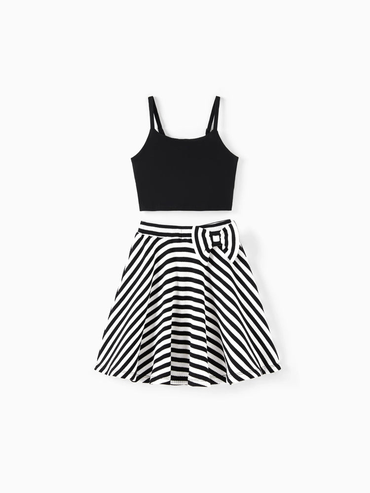 Matching Family Outfits ¨C Black & White Striped Casual Short Sleeve T-Shirt for Men & Boy, Crop Top & Midi Skirt Co-ord Set for women & Girl, Flared Dresses for Baby Girl ¨C Stylish Summer Family Coordinated Cotton Set Black+White