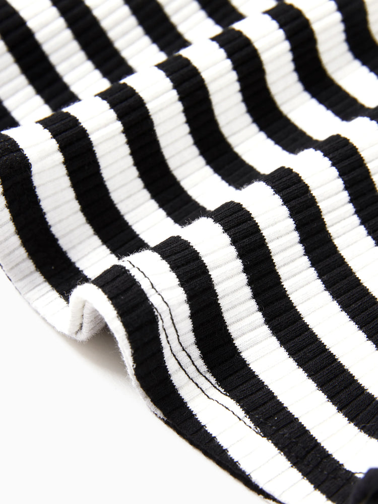 Matching Family Outfits ¨C Black & White Striped Casual Short Sleeve T-Shirt for Men & Boy, Crop Top & Midi Skirt Co-ord Set for women & Girl, Flared Dresses for Baby Girl ¨C Stylish Summer Family Coordinated Cotton Set Black+White