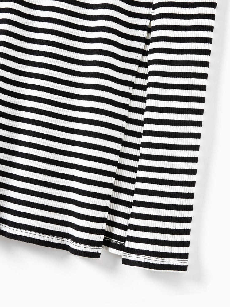 Matching Family Outfits ¨C Black & White Striped Casual Short Sleeve T-Shirt for Men & Boy, Crop Top & Midi Skirt Co-ord Set for women & Girl, Flared Dresses for Baby Girl ¨C Stylish Summer Family Coordinated Cotton Set Black+White