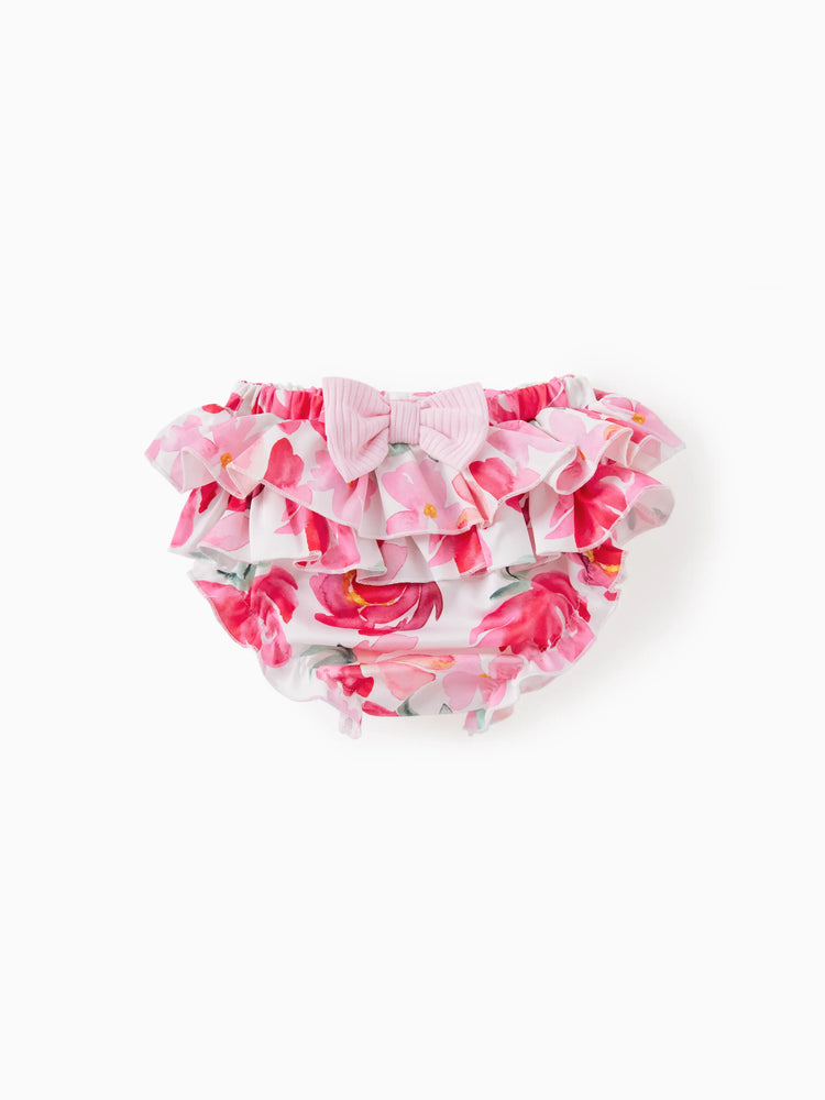 Conjunto de 3 piezas de mameluco con letras dulces para bebé niña y pantalones cortos bombachos multicapa con diadema, color rosa