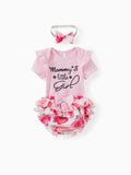 Conjunto de 3 piezas de mameluco con letras dulces para bebé niña y pantalones cortos bombachos multicapa con diadema, color rosa