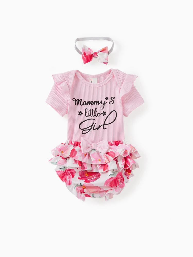Conjunto de 3 piezas de mameluco con letras dulces para bebé niña y pantalones cortos bombachos multicapa con diadema, color rosa