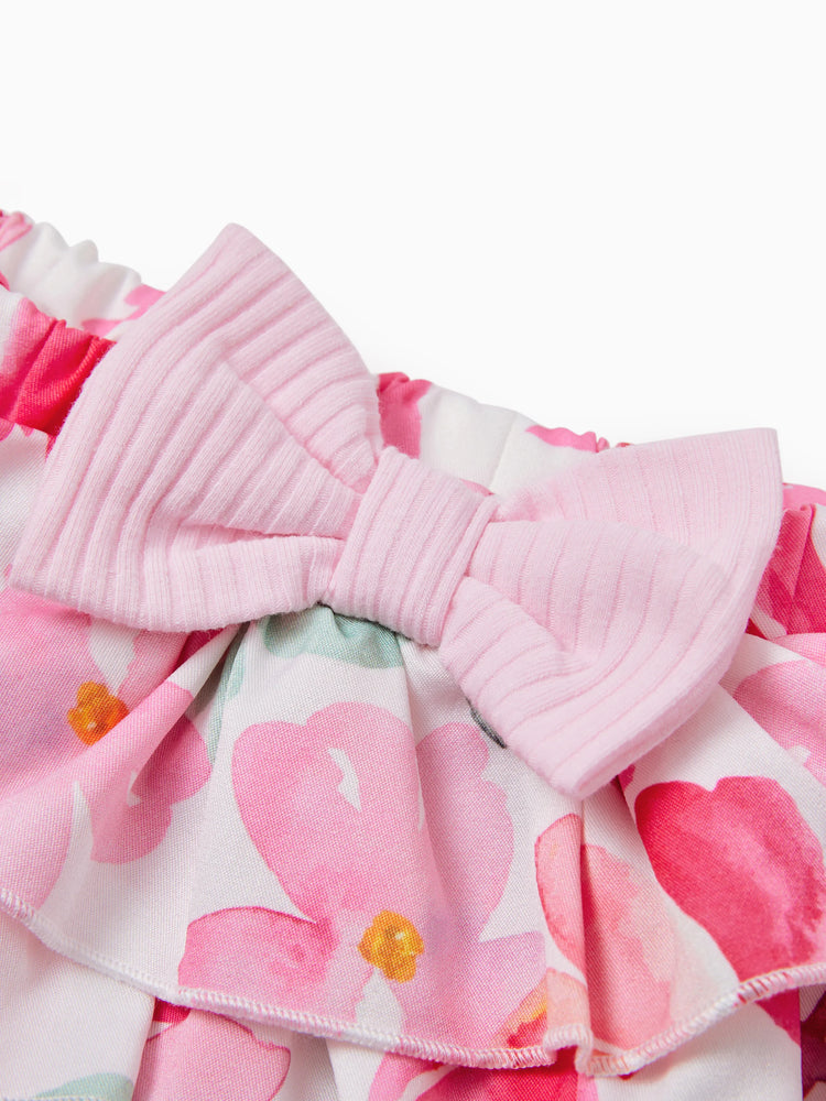 Conjunto de 3 piezas de mameluco con letras dulces para bebé niña y pantalones cortos bombachos multicapa con diadema, color rosa