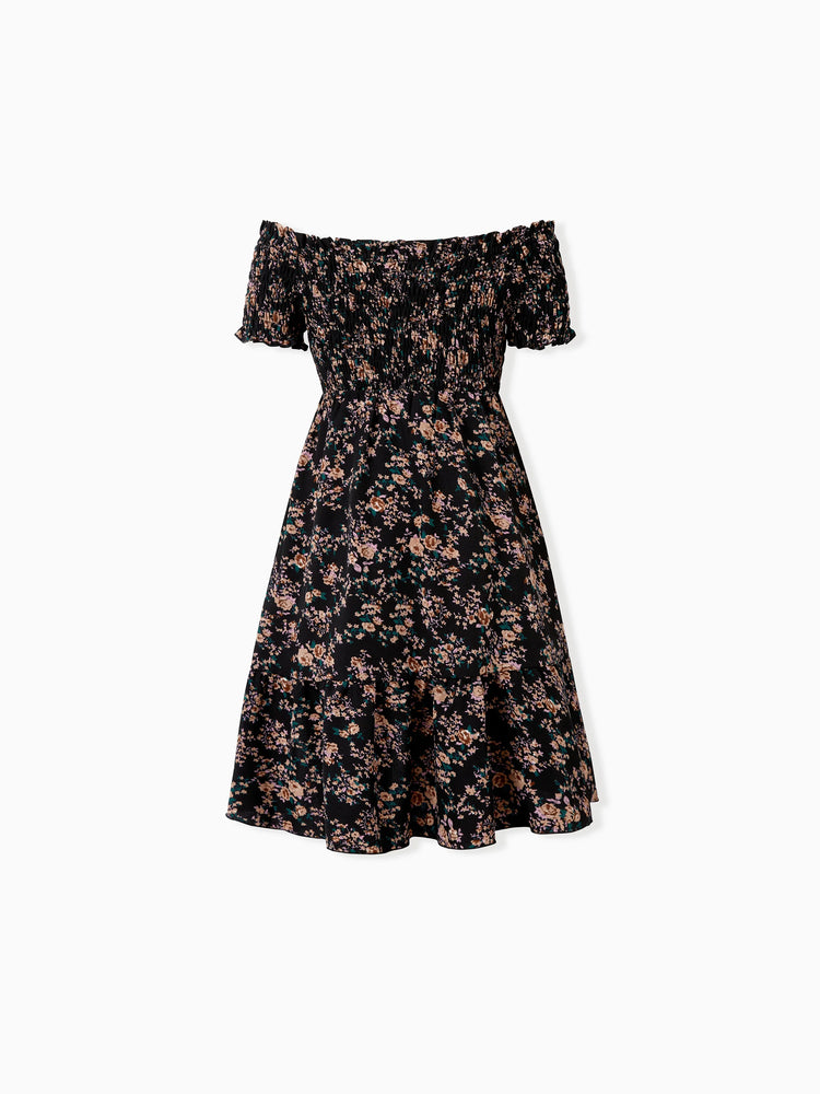 Matching Family Dresses - Black Floral Shirred Off Shoulder Dress for Mommy Me Black