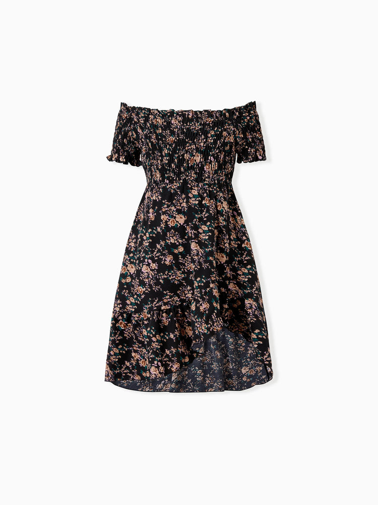 Matching Family Dresses - Black Floral Shirred Off Shoulder Dress for Mommy Me Black