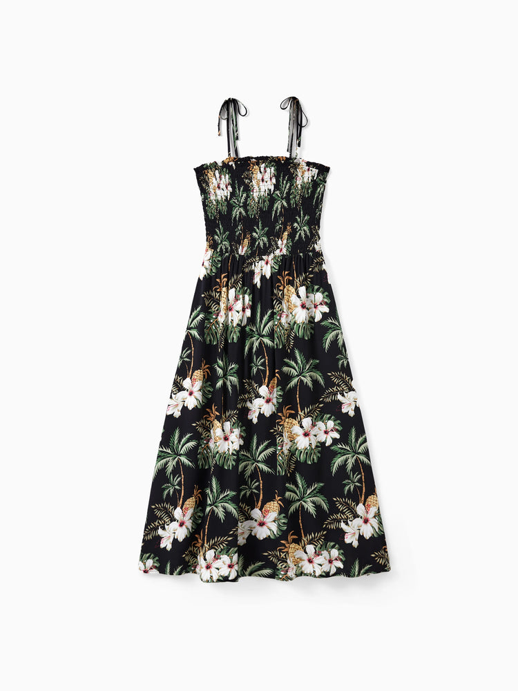Family Matching Tropical Flora Print Short-sleeve Shirt or Smocking Strap Dress Set 
 Black