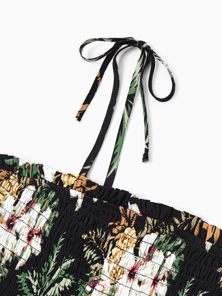 Family Matching Tropical Flora Print Short-sleeve Shirt or Smocking Strap Dress Set 
 Black
