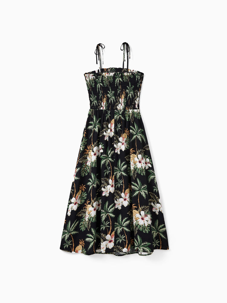 Family Matching Tropical Flora Print Short-sleeve Shirt or Smocking Strap Dress Set 
 Black