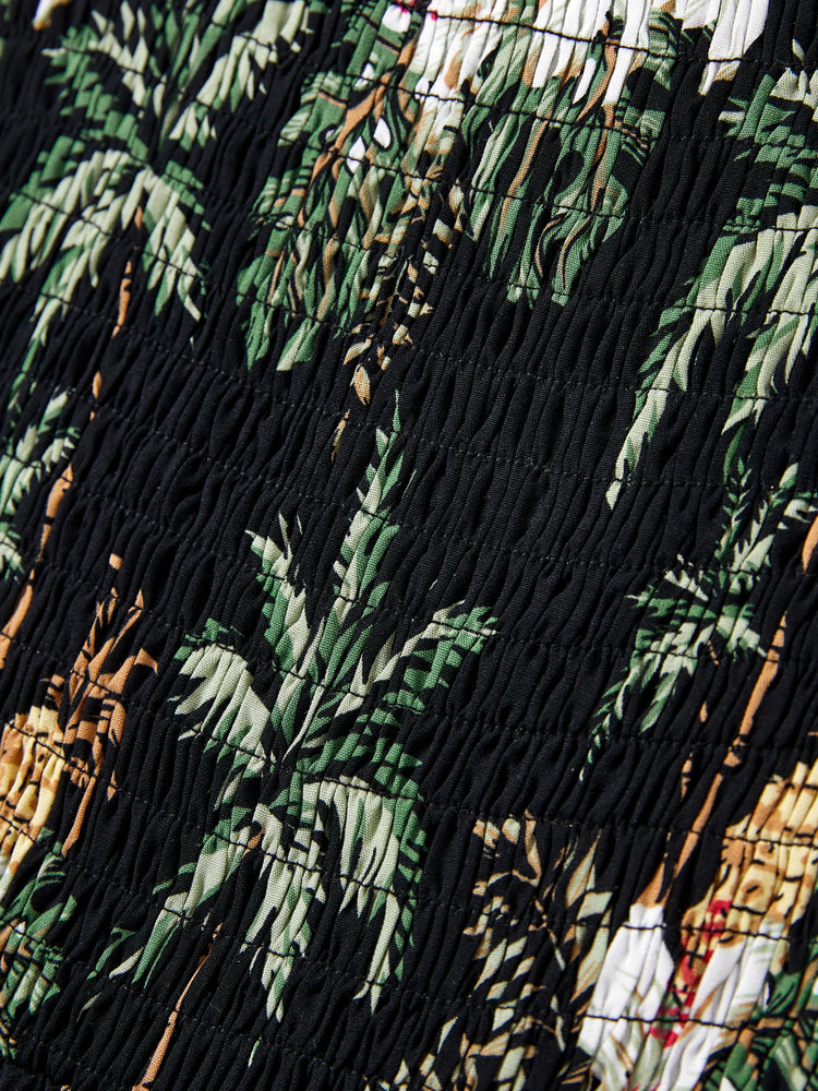 Family Matching Tropical Flora Print Short-sleeve Shirt or Smocking Strap Dress Set 
 Black