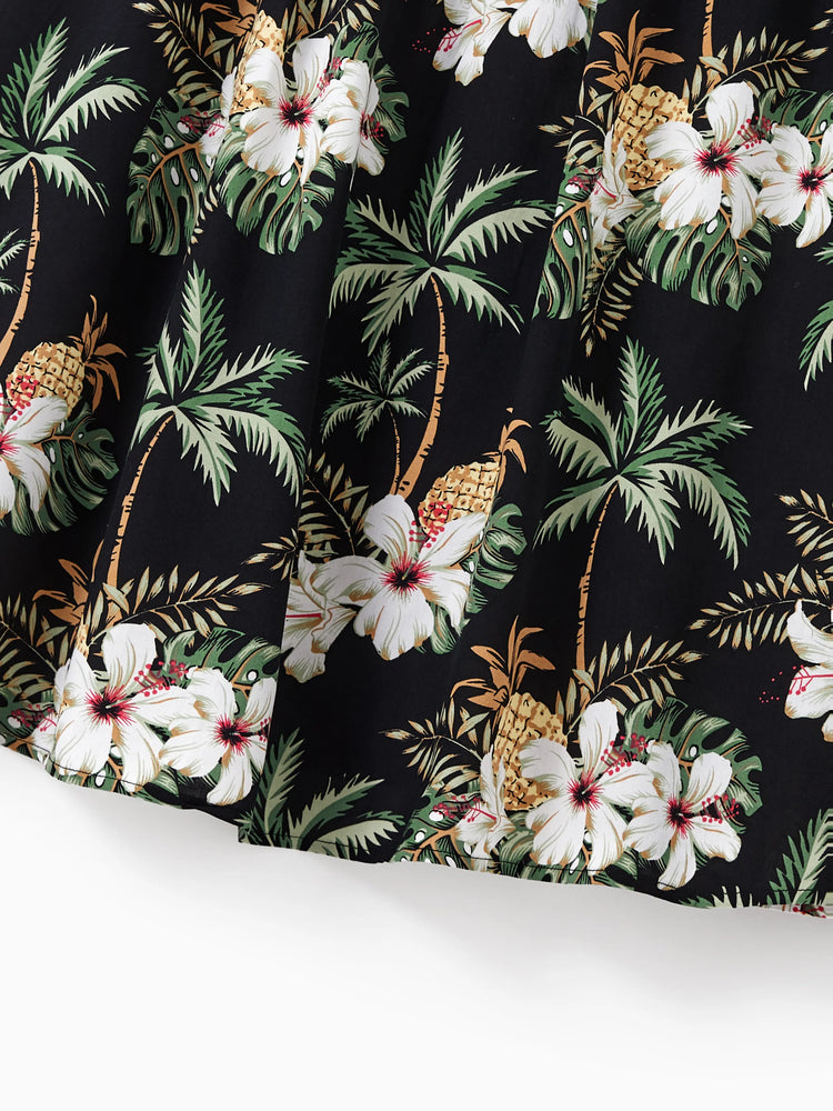 Family Matching Tropical Flora Print Short-sleeve Shirt or Smocking Strap Dress Set 
 Black