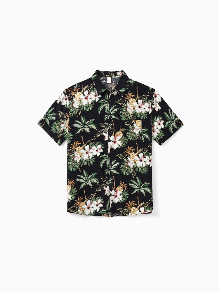 Family Matching Tropical Flora Print Short-sleeve Shirt or Smocking Strap Dress Set 
 Black