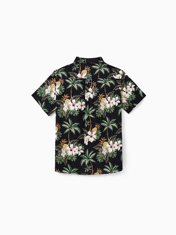 Family Matching Tropical Flora Print Short-sleeve Shirt or Smocking Strap Dress Set 
 Black