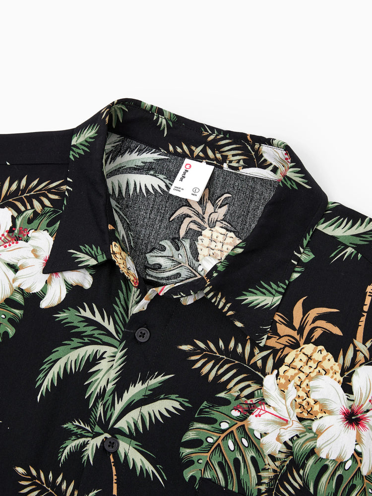 Family Matching Tropical Flora Print Short-sleeve Shirt or Smocking Strap Dress Set 
 Black