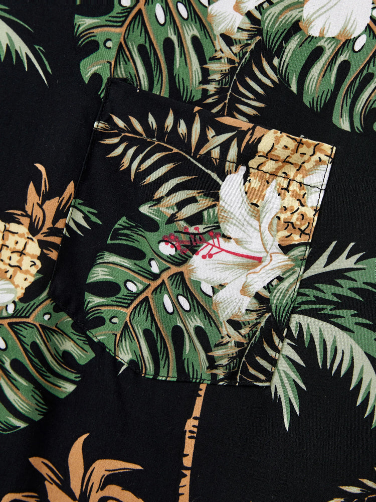 Family Matching Tropical Flora Print Short-sleeve Shirt or Smocking Strap Dress Set 
 Black