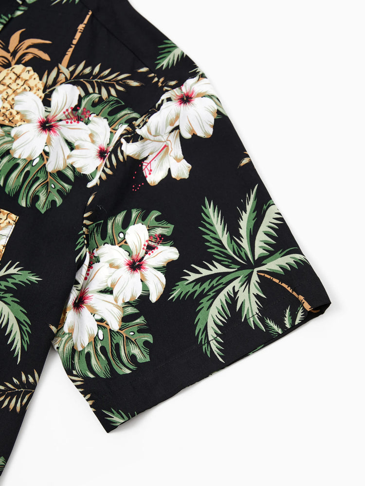 Family Matching Tropical Flora Print Short-sleeve Shirt or Smocking Strap Dress Set 
 Black