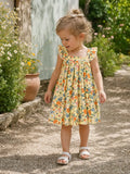 Baby Girl Multi-Floral Print Sweet Ruffle Flutter Sleeve Dress Yellow