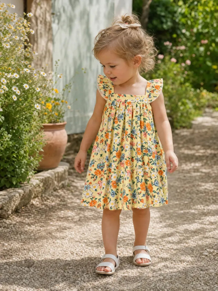 Baby Girl Multi-Floral Print Sweet Ruffle Flutter Sleeve Dress Yellow