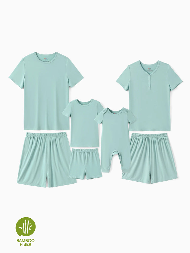 Bamboo Family Pajamas Solid Color Green Short Sleeve Matching Pajama Set ( Snug-Fitting for Children ) Green