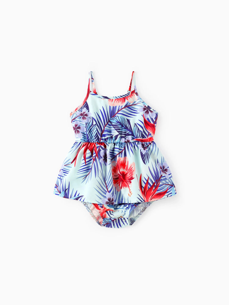 Family Matching Floral Print Short-sleeve Shirt or smocking Strap Dress Light Blue