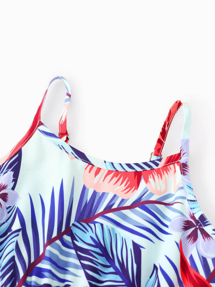 Family Matching Floral Print Short-sleeve Shirt or smocking Strap Dress Light Blue