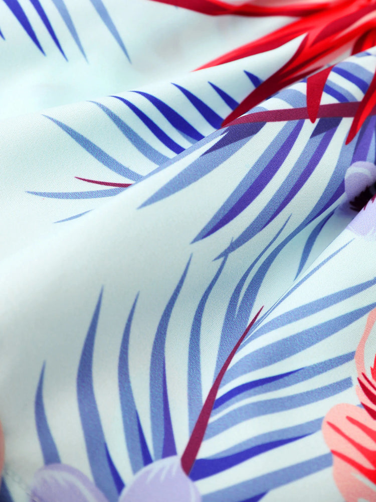 Family Matching Floral Print Short-sleeve Shirt or smocking Strap Dress Light Blue