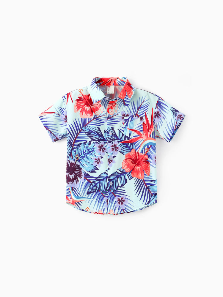 Family Matching Floral Print Short-sleeve Shirt or smocking Strap Dress Light Blue
