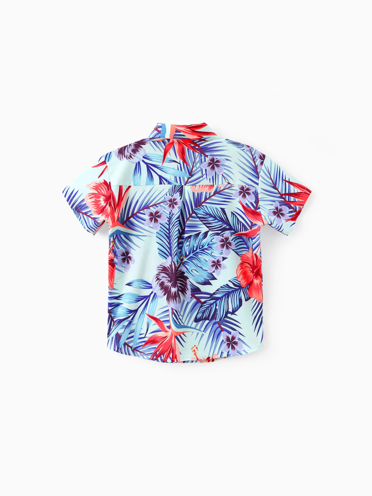 Family Matching Floral Print Short-sleeve Shirt or smocking Strap Dress Light Blue