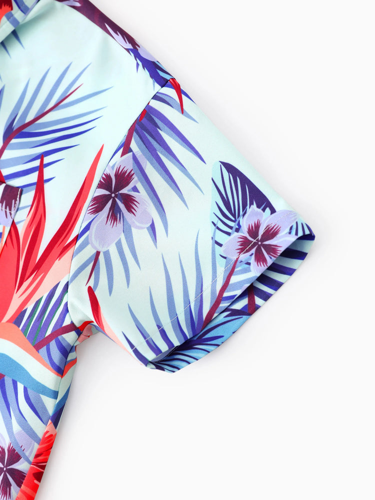 Family Matching Floral Print Short-sleeve Shirt or smocking Strap Dress Light Blue