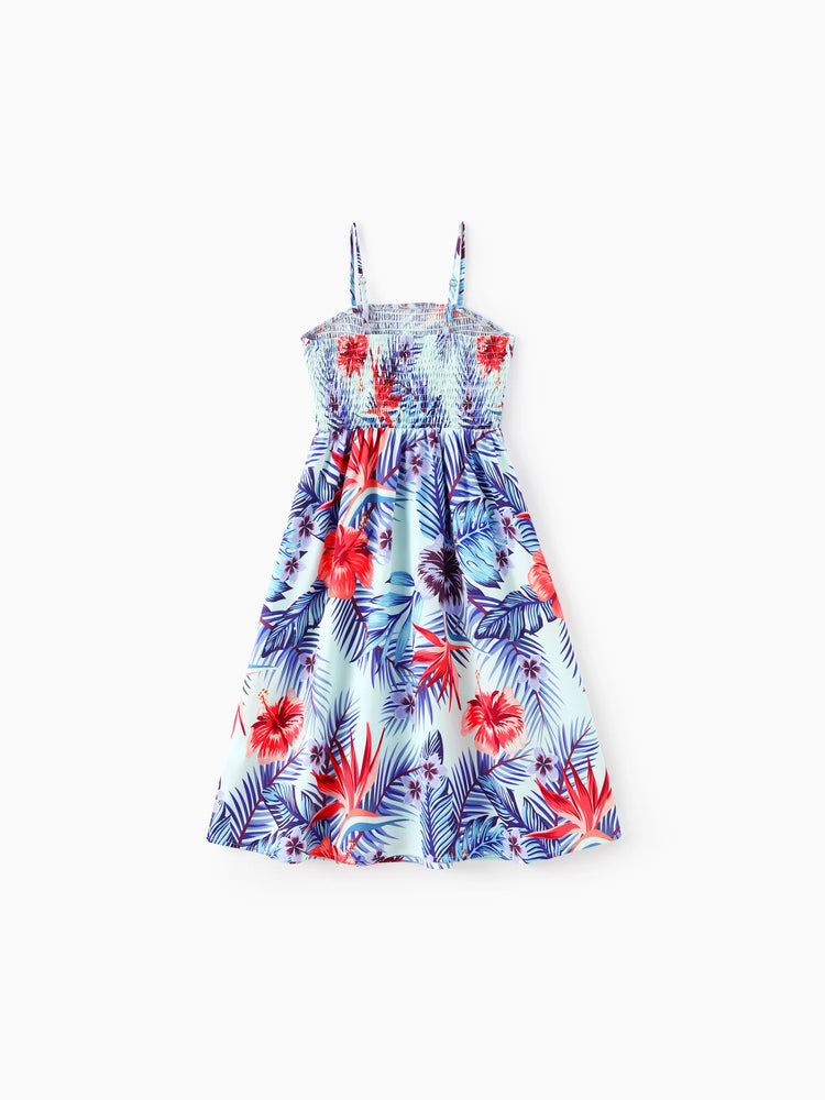 Family Matching Floral Print Short-sleeve Shirt or smocking Strap Dress Light Blue