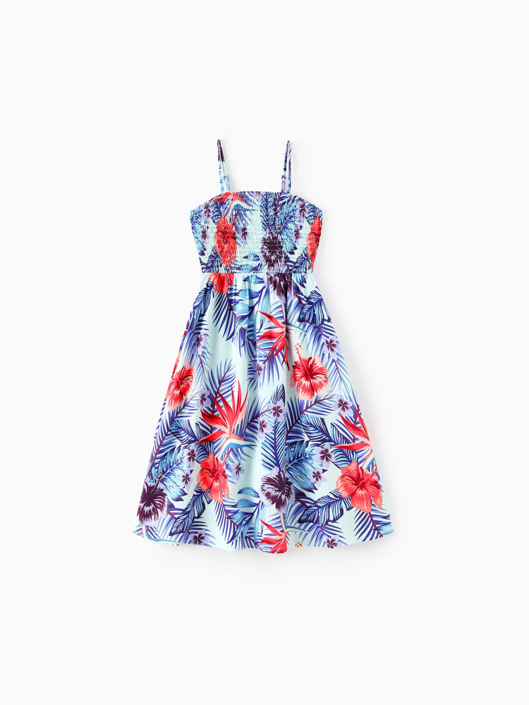 Family Matching Floral Print Short-sleeve Shirt or smocking Strap Dress Light Blue