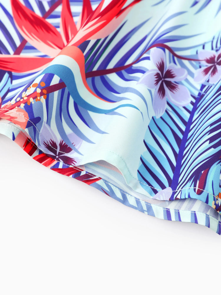 Family Matching Floral Print Short-sleeve Shirt or smocking Strap Dress Light Blue