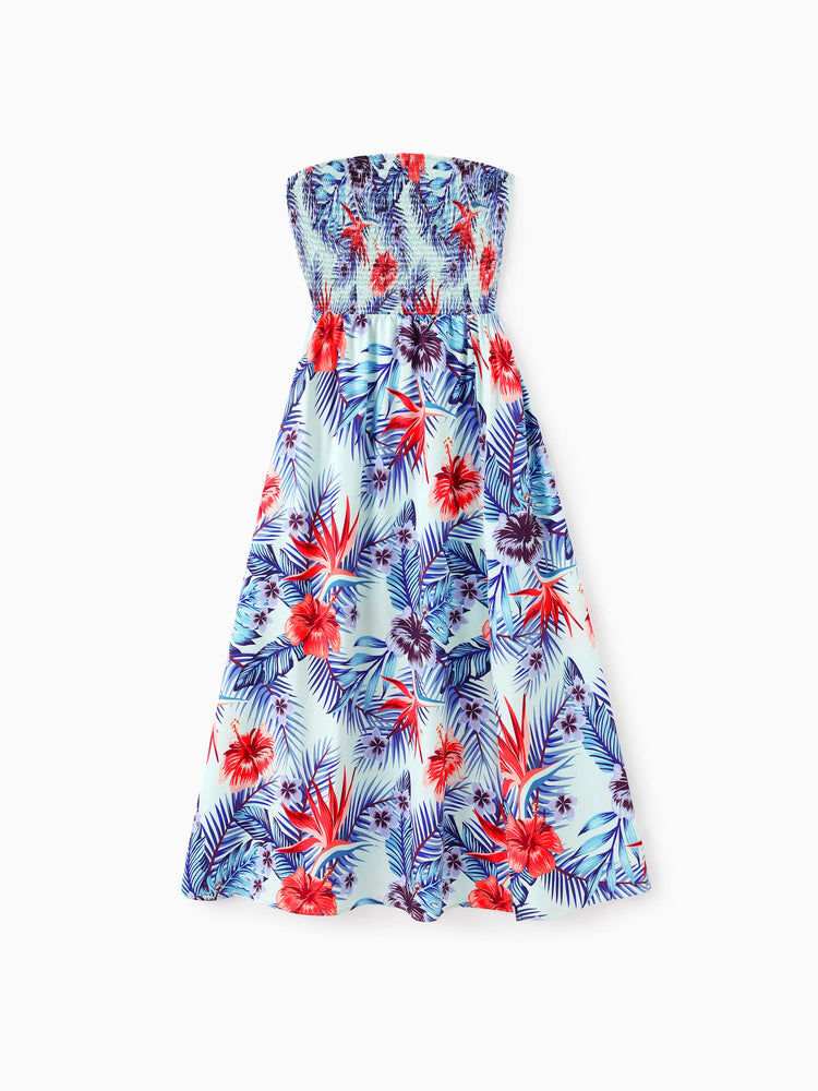 Family Matching Floral Print Short-sleeve Shirt or smocking Strap Dress Light Blue