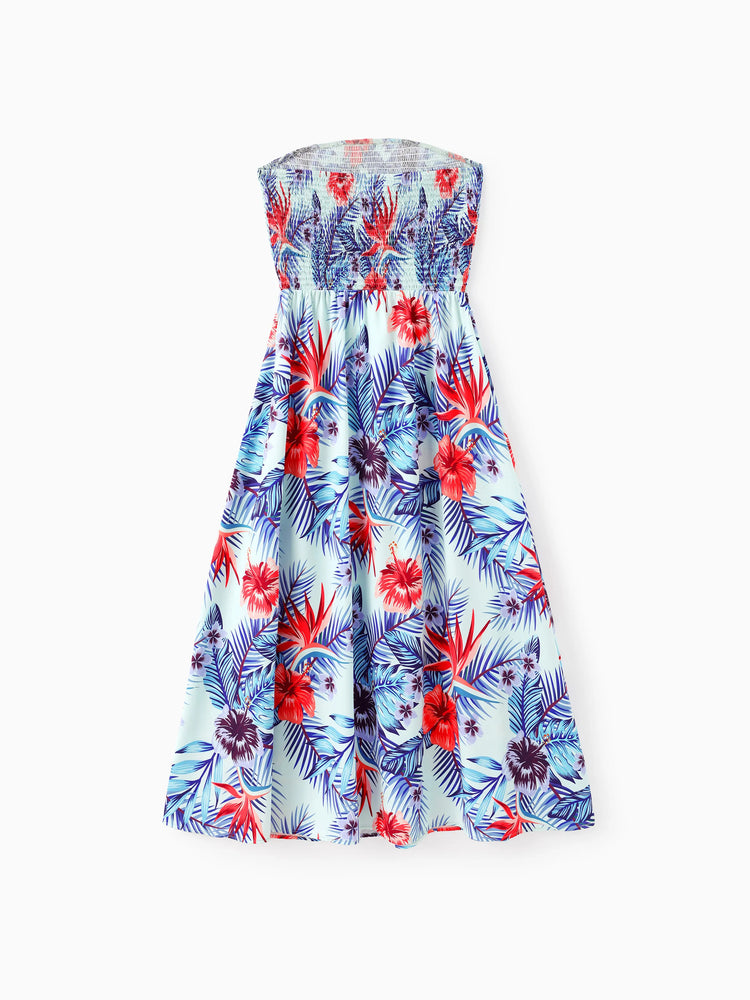 Family Matching Floral Print Short-sleeve Shirt or smocking Strap Dress Light Blue