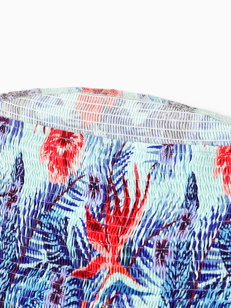 Family Matching Floral Print Short-sleeve Shirt or smocking Strap Dress Light Blue