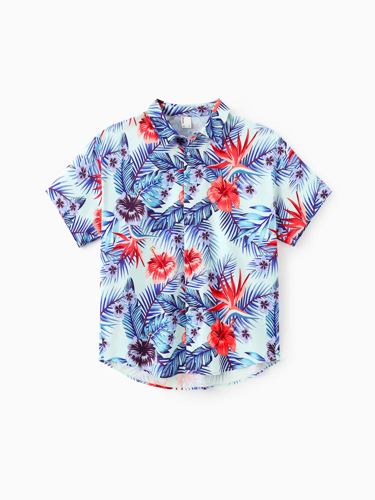 Family Matching Floral Print Short-sleeve Shirt or smocking Strap Dress Light Blue