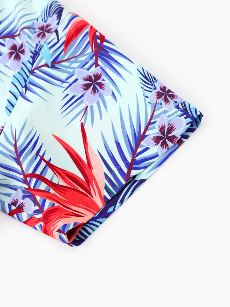 Family Matching Floral Print Short-sleeve Shirt or smocking Strap Dress Light Blue