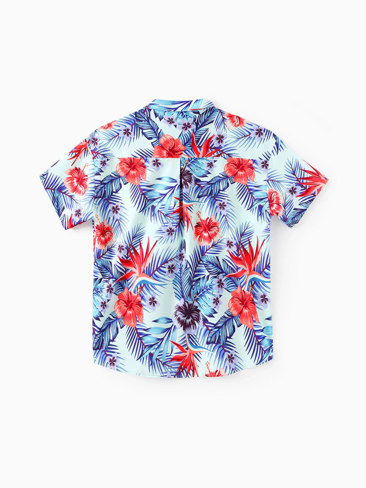 Family Matching Floral Print Short-sleeve Shirt or smocking Strap Dress Light Blue