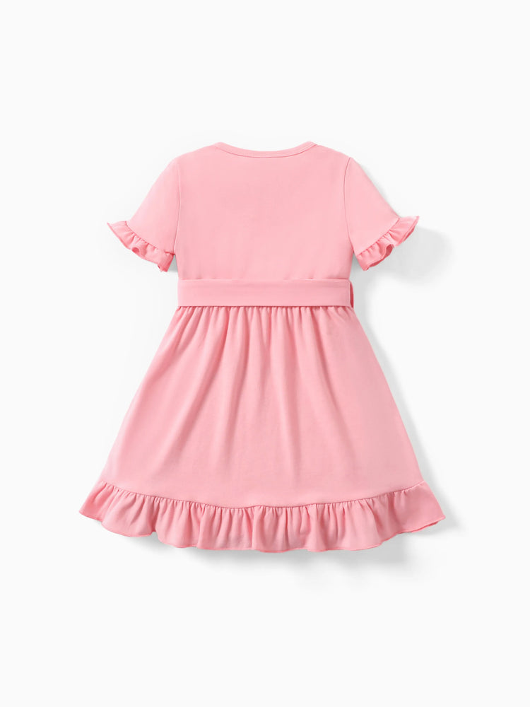 Robe décontractée à volants unie/imprimée rose pour petite fille