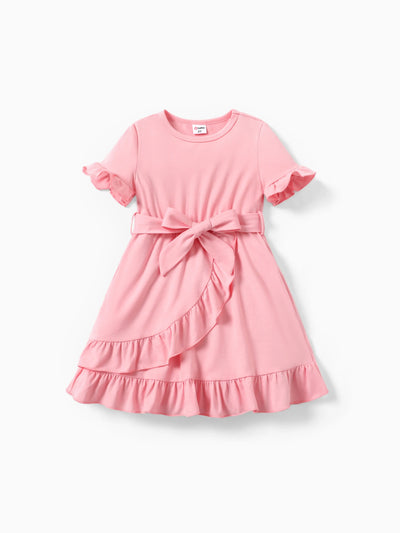 Robe décontractée à volants unie/imprimée rose pour petite fille