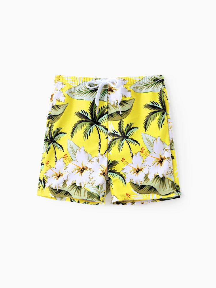 Family Matching Hawaiian Swimsuits Tropical Palm & Plumeria Print Yellow Swim Trunks or Ruffle Flounce Bikini Swimwear Set Yellow