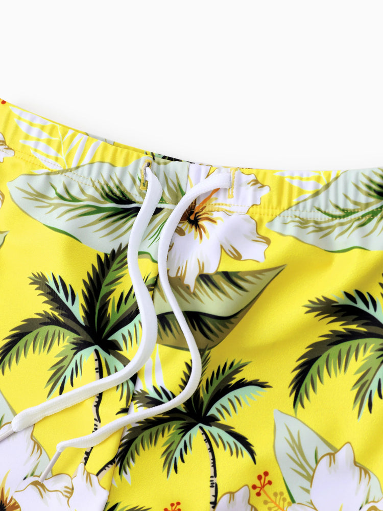 Family Matching Hawaiian Swimsuits Tropical Palm & Plumeria Print Yellow Swim Trunks or Ruffle Flounce Bikini Swimwear Set Yellow