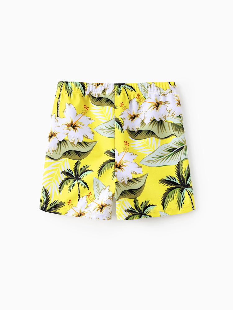 Family Matching Hawaiian Swimsuits Tropical Palm & Plumeria Print Yellow Swim Trunks or Ruffle Flounce Bikini Swimwear Set Yellow