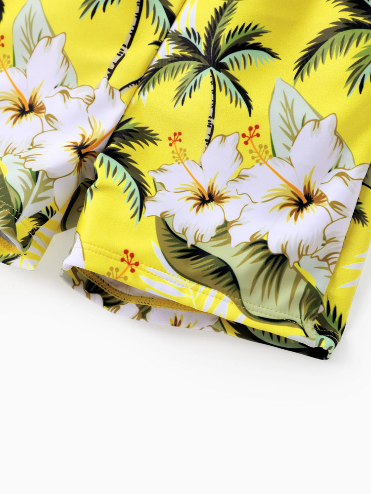 Family Matching Hawaiian Swimsuits Tropical Palm & Plumeria Print Yellow Swim Trunks or Ruffle Flounce Bikini Swimwear Set Yellow