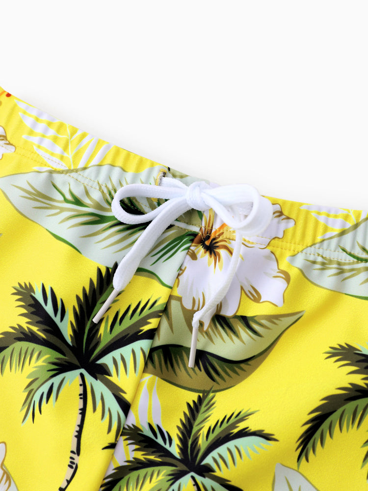 Family Matching Hawaiian Swimsuits Tropical Palm & Plumeria Print Yellow Swim Trunks or Ruffle Flounce Bikini Swimwear Set Yellow
