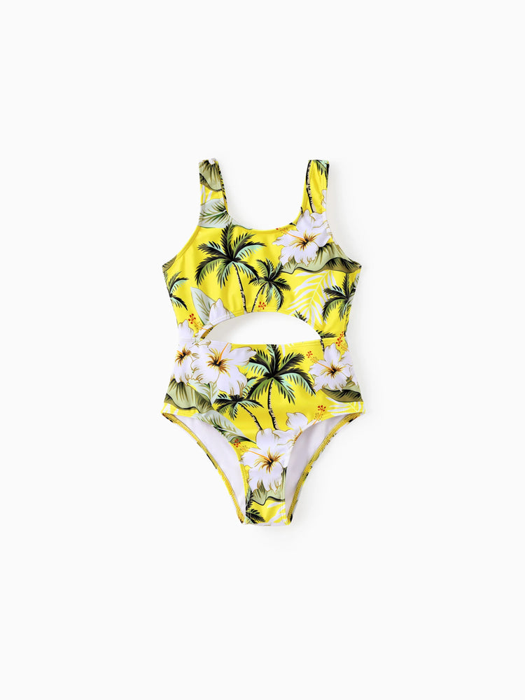 Family Matching Hawaiian Swimsuits Tropical Palm & Plumeria Print Yellow Swim Trunks or Ruffle Flounce Bikini Swimwear Set Yellow